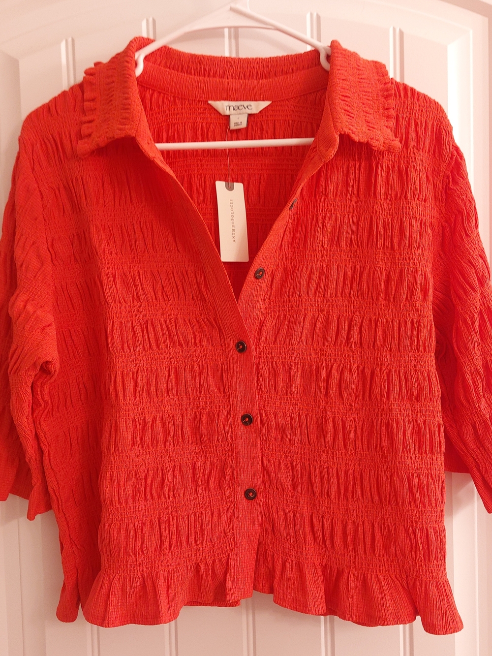 Maeve Muted RED Ruched Button-Front Shirt - Picture 4 of 6